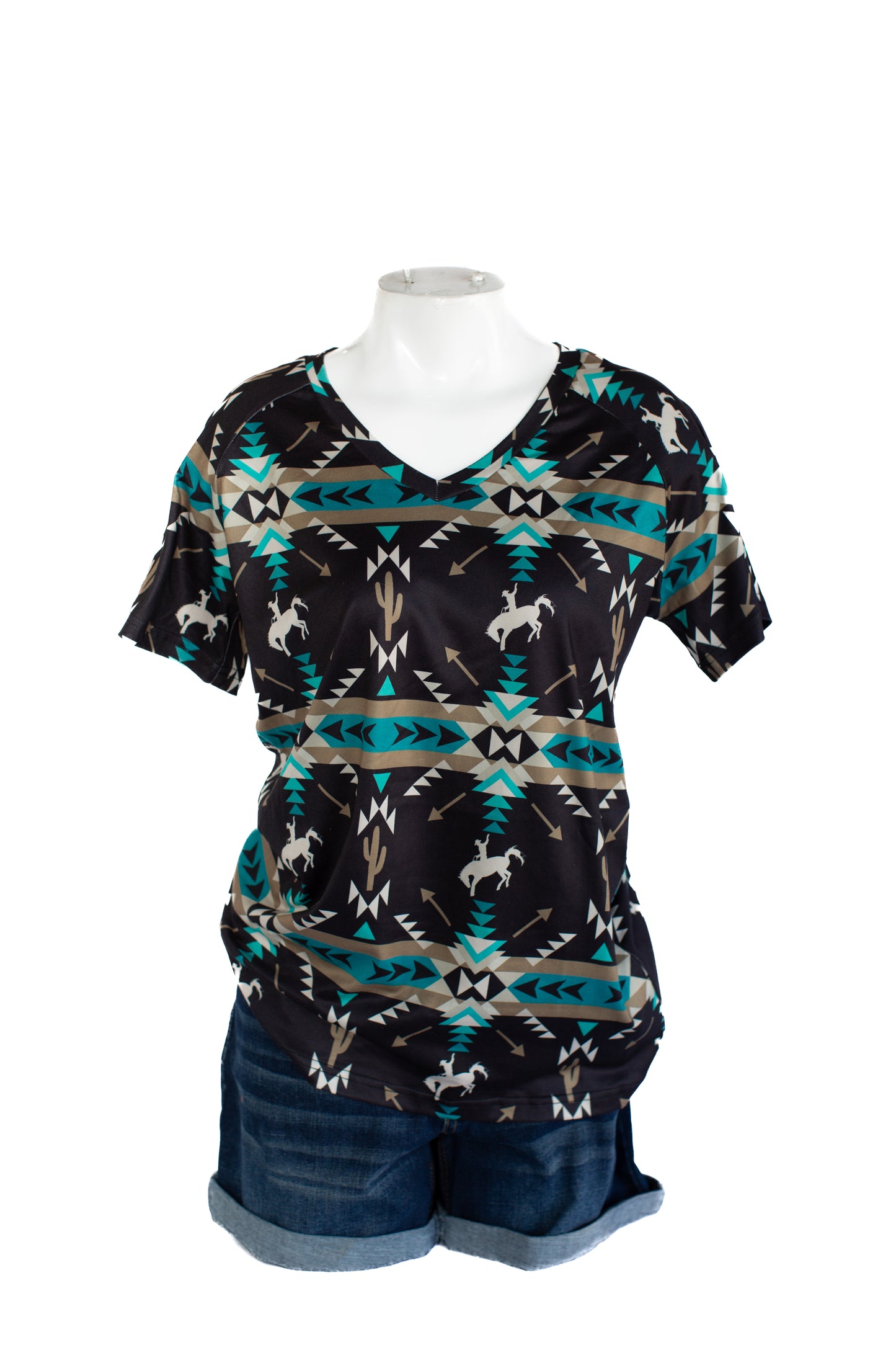 Rowdy Crowd Bucking Bronco S/S V-neck Top Turquoise Black Tan Bronco