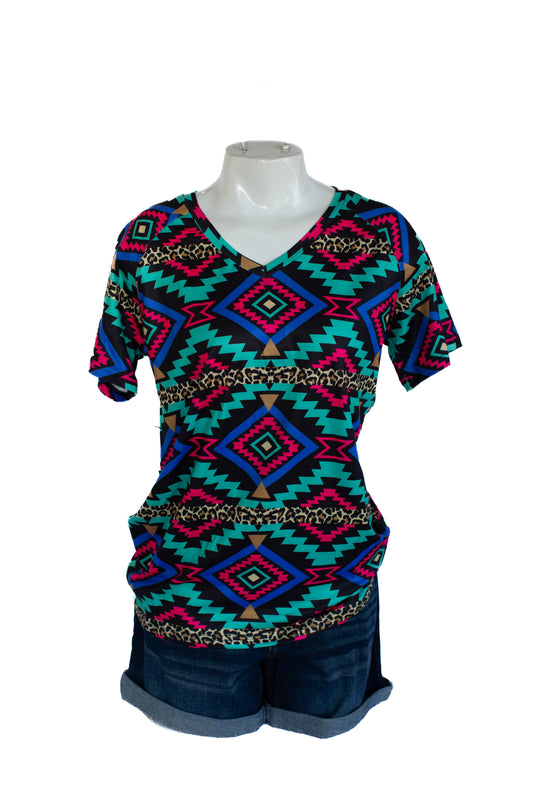 Rowdy Crowd Wildcat Leopard Aztec S/S V-neck Top Turquoise Black Tan