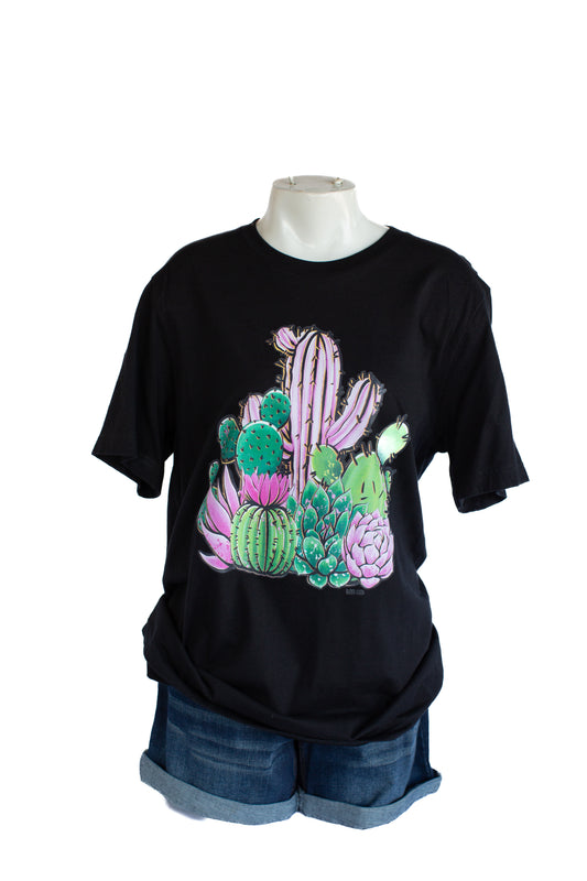 Canvas Lucky And Blessed Black Pink Cactus T-shirt