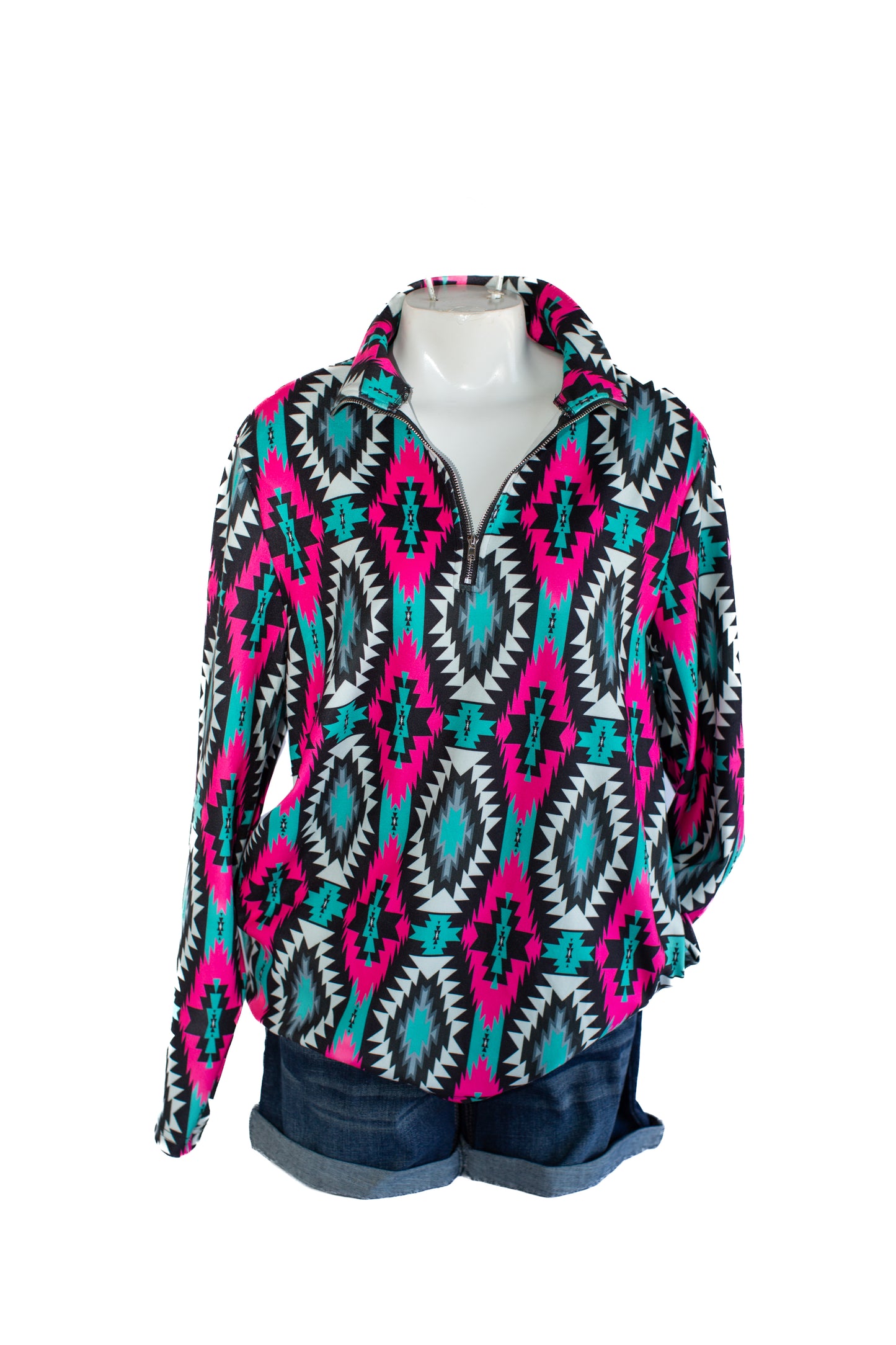 Sterling Kreek Montezuma 1/2 Zip Pullover Pink Turquoise White